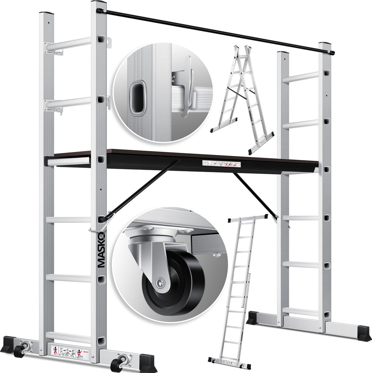 MASKO® Kamersteiger Aluminium - Multifunctionele Ladder - Zilver
