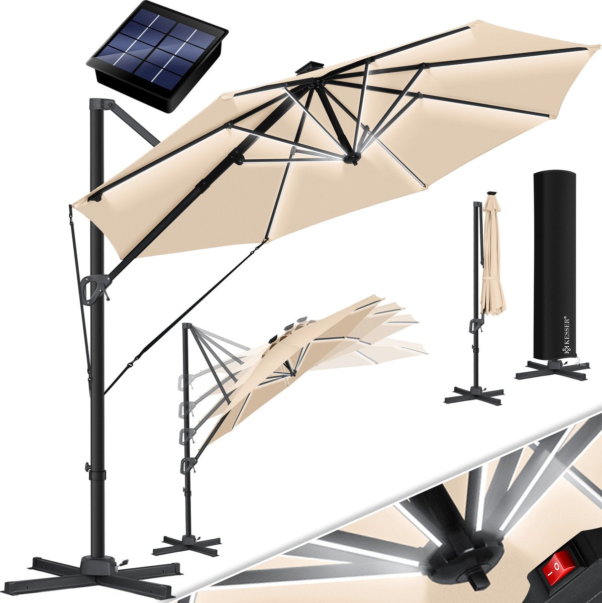 KESSER® Zweefparasol met voet - LED - Ø 3.3m - 360° Draaibaar  - Beige