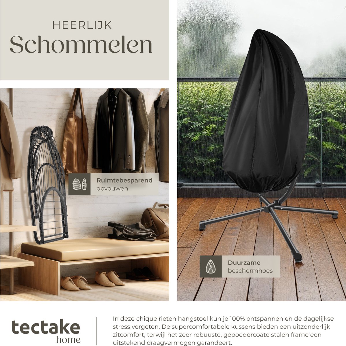 tectake® - Luxe hangstoel - Opvouwbare en draaibare egg chair met standaard - Dikke kussens - Antislipvoeten - Inclusief beschermhoes - Ideaal voor buiten, tuin, terras en slaapkamer - Donkergrijs