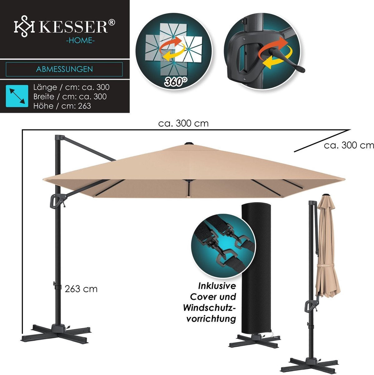 KESSER® Parasol Zwenkparasol SUN XL 300 x 300 cm incl. hoes + windbescherming draaibaar kantelbaar marktparasol groot 360° draaibaar tuinparasol met zwengel zonwering UV50+