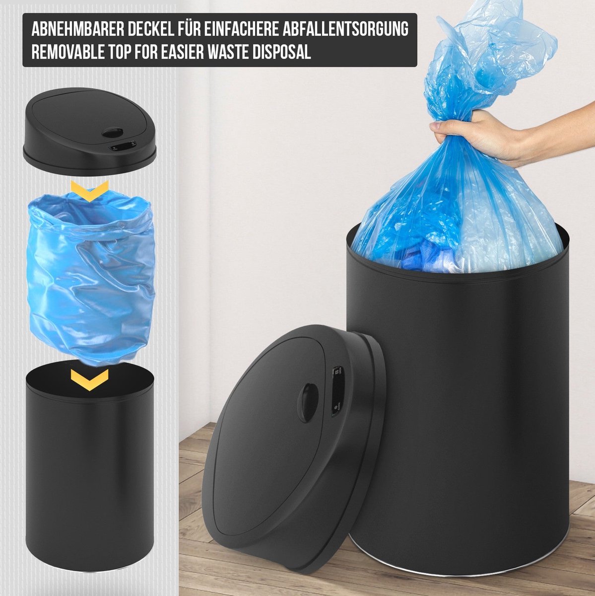 Jago Prullenbak met Sensor - Afvalbak - Vuilnisbak - RVS - LED-Display - 40 Liter - Zwart