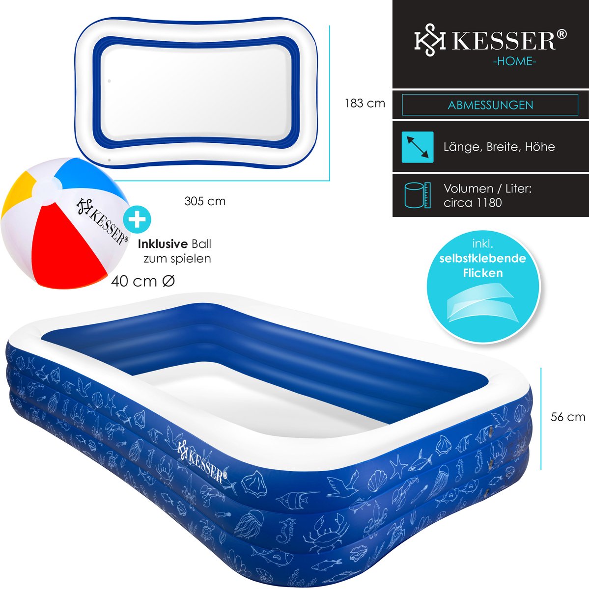 KESSER® Opblaasbaar zwembad - 305x183x56cm - 1180L - Blauw