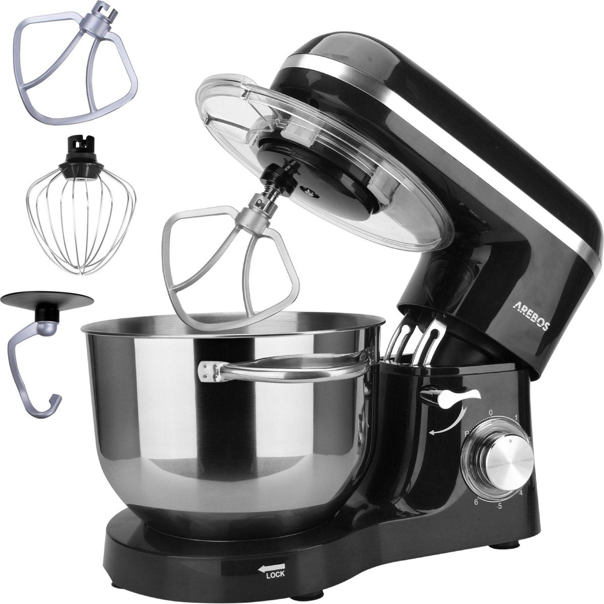 AREBOS Keukenmachine - 1500W - Keukenrobot - 6L - Keukenmixer - Foodprocessor - Roestvrij Stalen Mengkom - 6 Snelheden - Zwart •