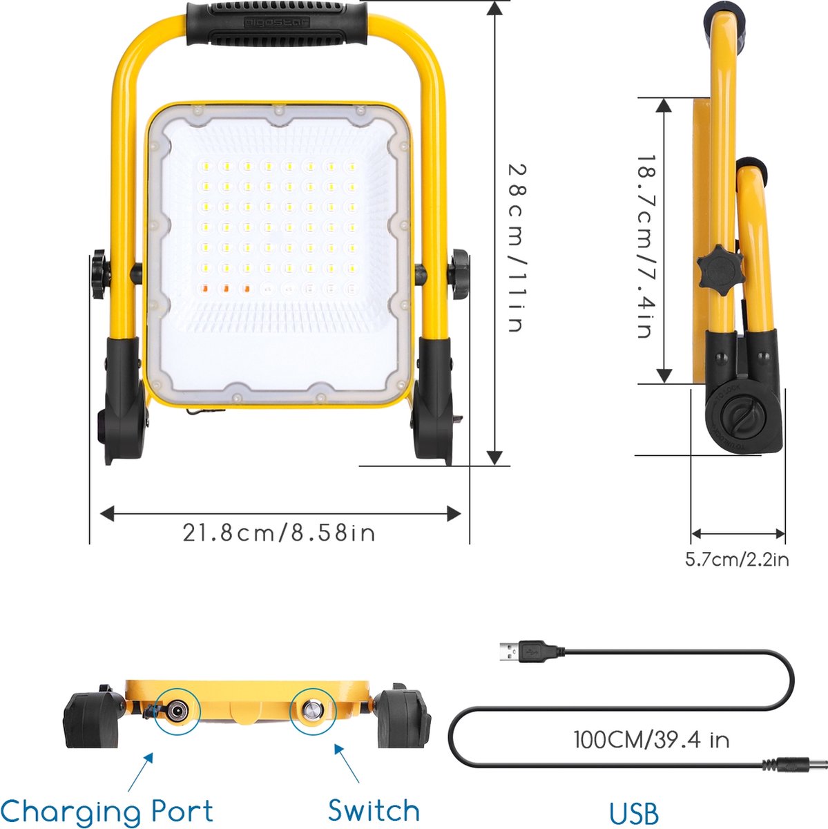 Aigostar LED Bouwlamp - 30W - 1000 Lumen - Acculamp - Verstelbare werklamp met accu - IP65 spatwaterdicht - Looplamp - werklamp - 6500K