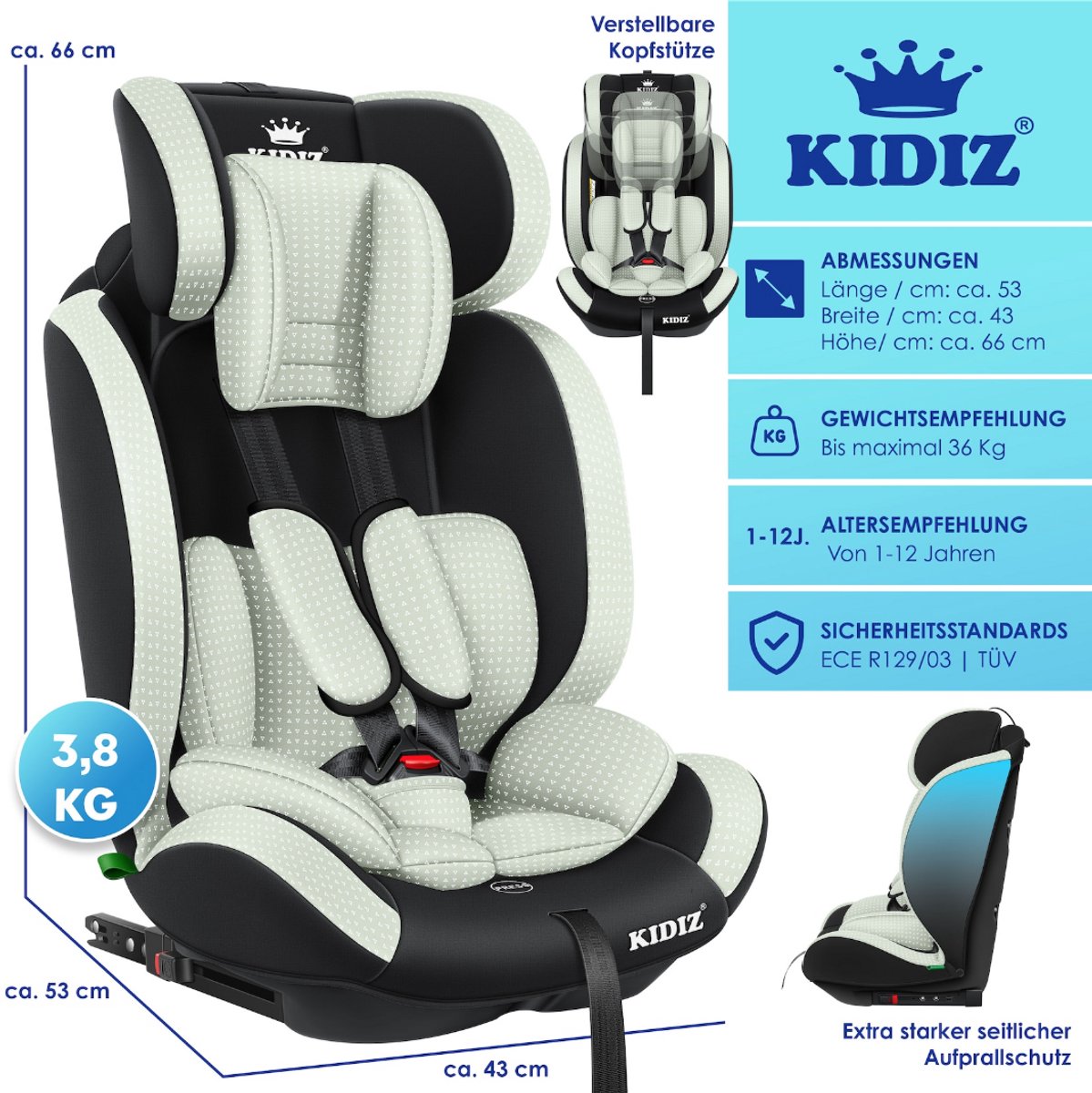 KIDIZ® Autostoeltje - 5-punts veiligheidsgordel - Groen