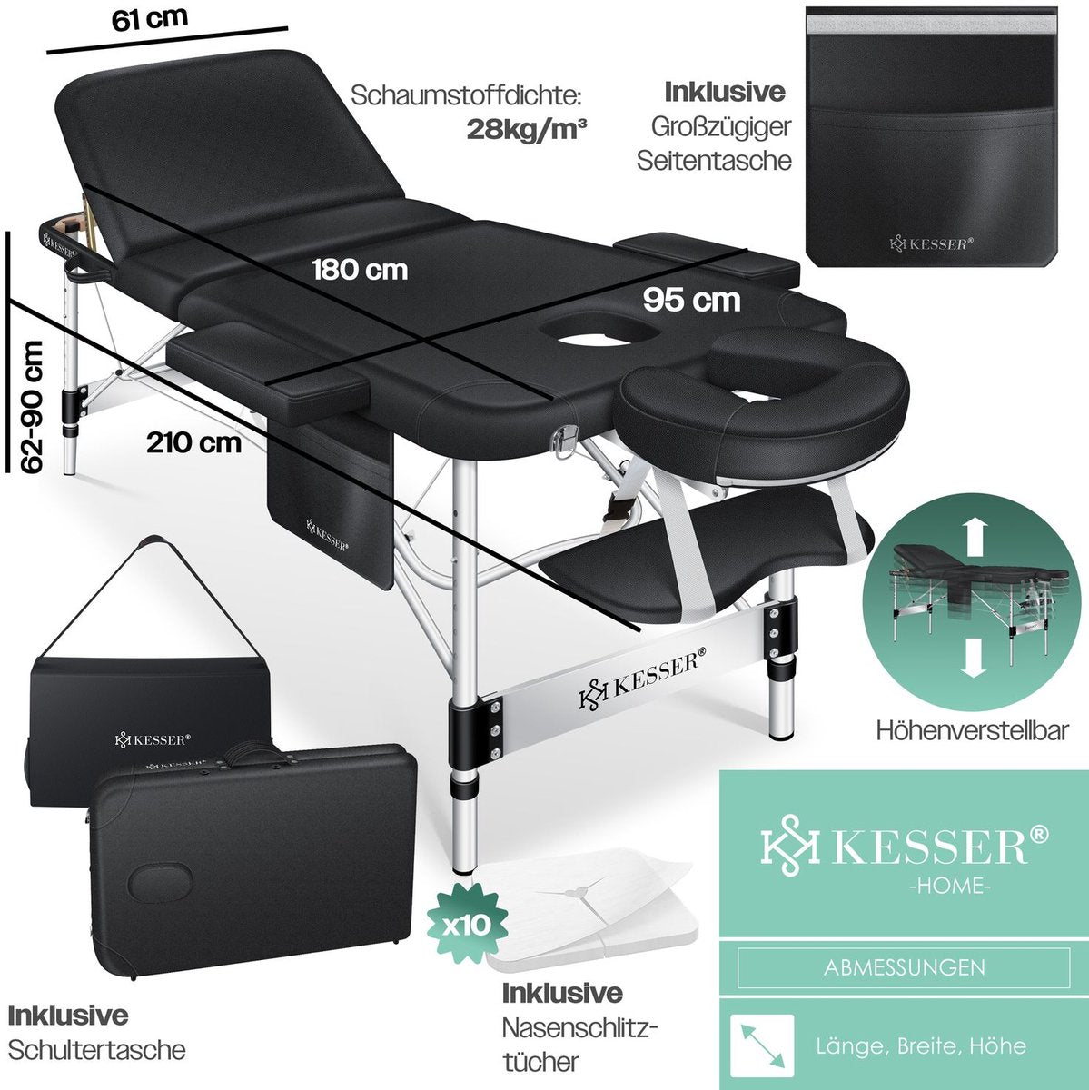 KESSER® Massagetafel inklapbaar 180x61x90cm | Behandeltafel 225kg Draagvermogen & In Hoogte Verstelbaar | Mobiele Massagebank 3-Zone | Aluminium Massagebed met Hoofdsteunen Armsteunen & opbergtas - Beige