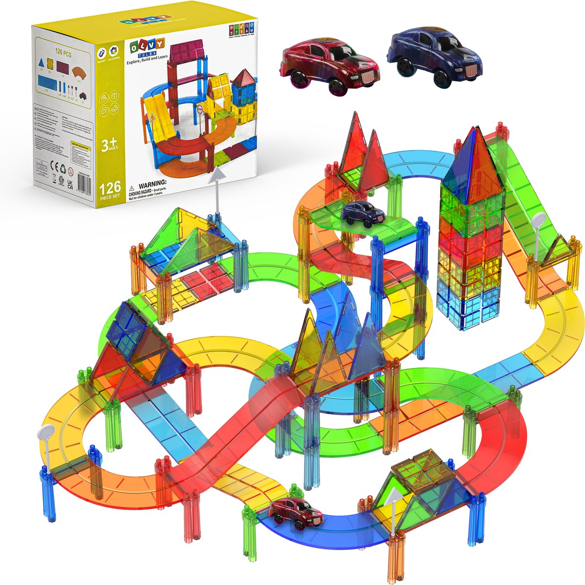 Magnetic Tiles Racebaan - 126 Stuks - Magnetisch Speelgoed - Magnetische Tegels - Educatief & Constructie - Auto's - Montessori - Bouwstenen - Bouwblokken - Voor 3, 4, 5, 6, 7, 8, 9 Jaar - Bouw je Magna Wereld - Kinderen - Olvy