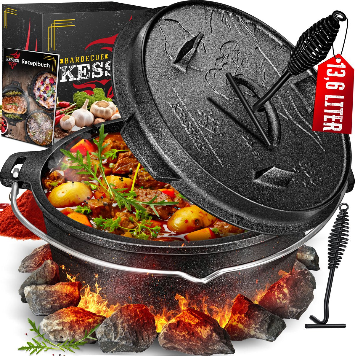 KESSER® Dutch Oven Set - 13,6L - Vuurpan - Stoofpan - Gietijzeren pan