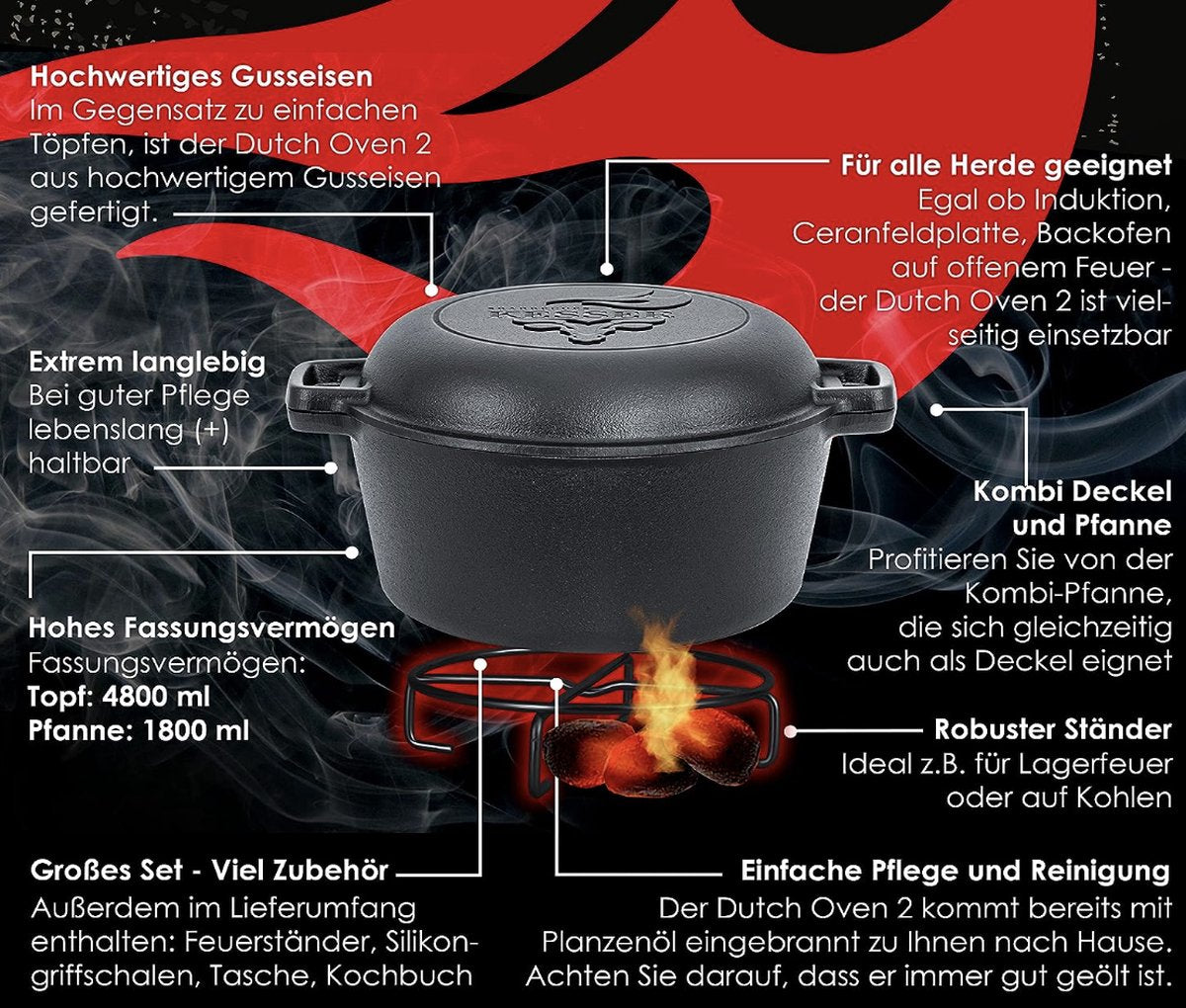 KESSER® Dutch Oven Gietijzeren Pan 1,8L en Pot 4,8L - Zwart