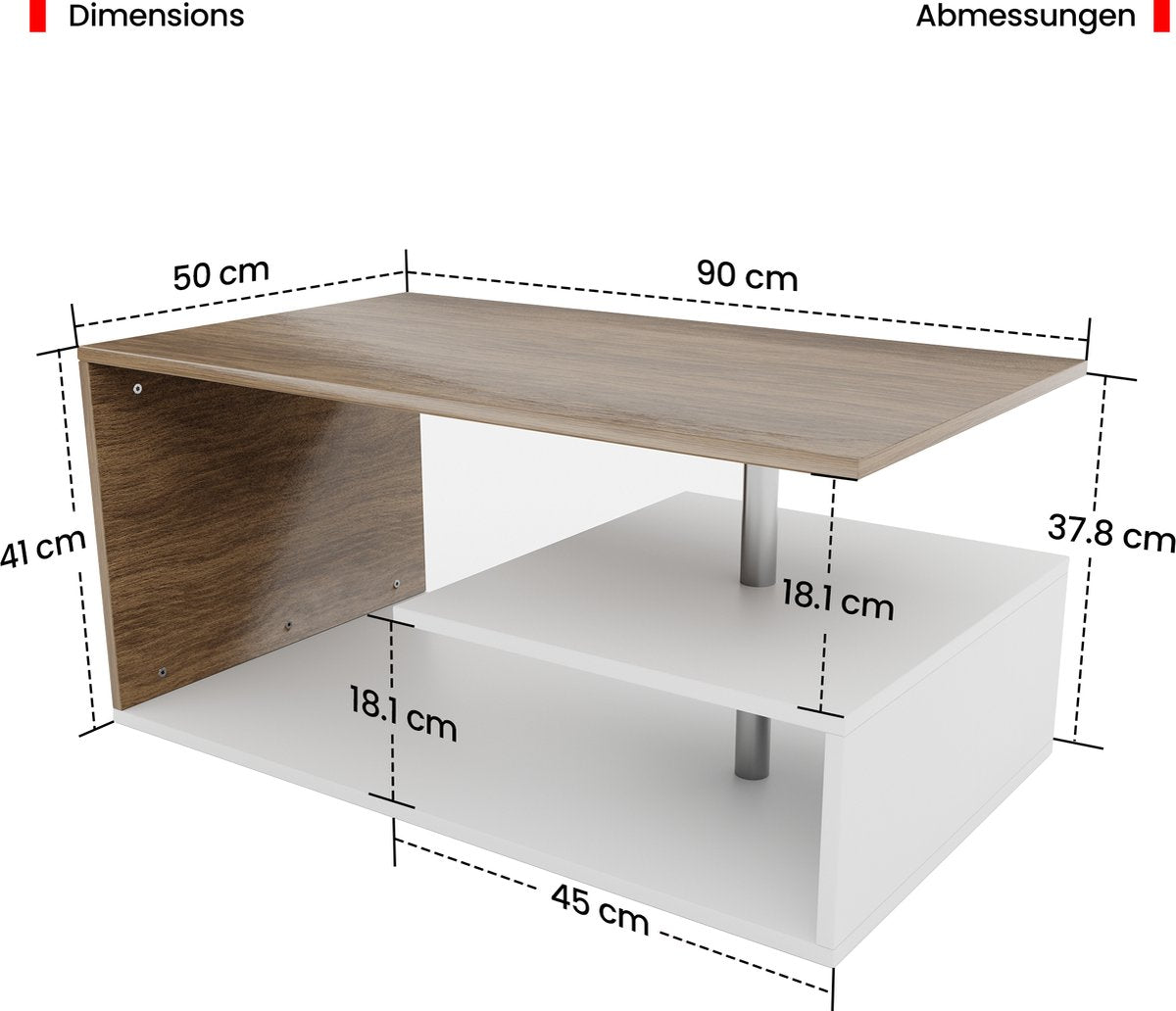 Miadomodo - Salontafel - Eikenlook / Wit - 90x50cm - Met opbergruimte