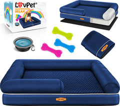 LovPet® Hondenmand Orthopedisch Hondenbed Hondenkussen Relax, Inclusief Kom + 3X Kauwbotten, Hondenbank voor Kleine, Middelgrote & Grote Honden, Hoes Afneembaar en Wasbaar - M (91 x 71 x 25 cm), Marineblauw