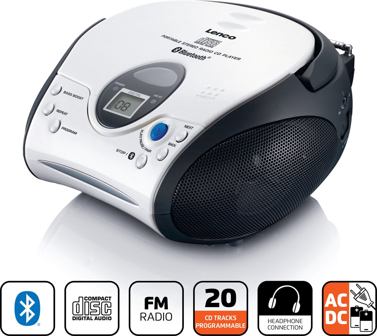 Lenco SCD-24BT WHBK - Draagbare CD-speler met FM radio en Bluetooth - Wit-Zwart •