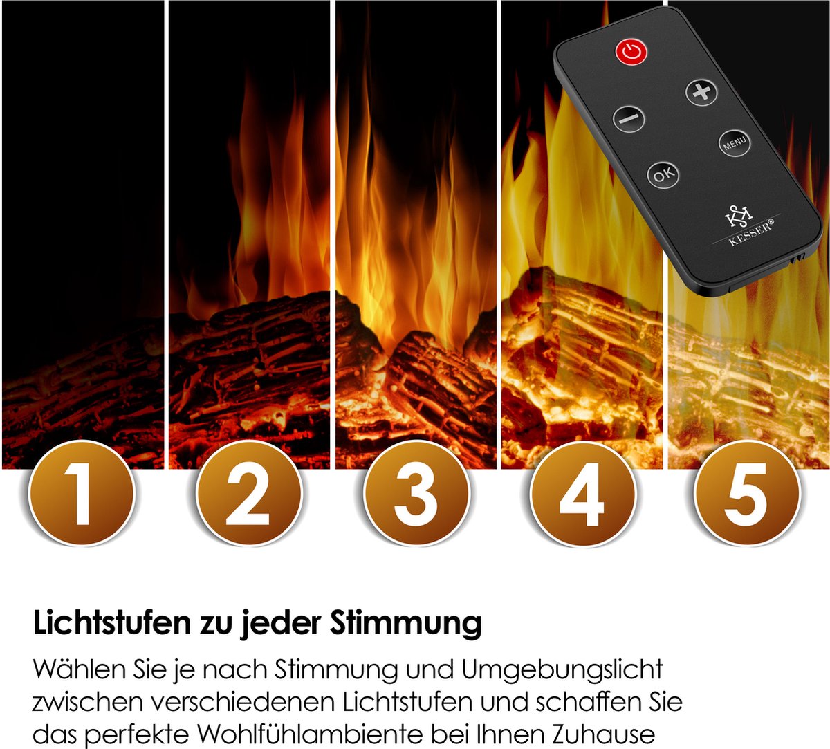 KESSER® Sfeerhaard Elektrisch Haard 1800W met LED Vlammen Dimbaar - Electrische Kachel met Timer & Afstandsbediening - Elektrische Verwarming met Thermostaat - Villa Zwart