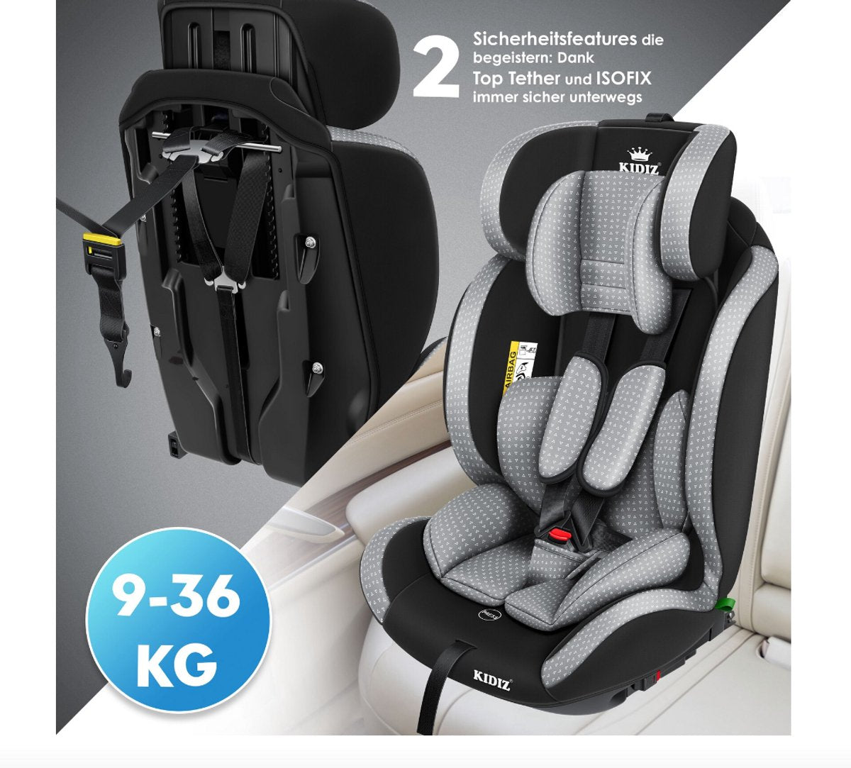KIDIZ® Autostoeltje - 5-punts veiligheidsgordel - Grijs