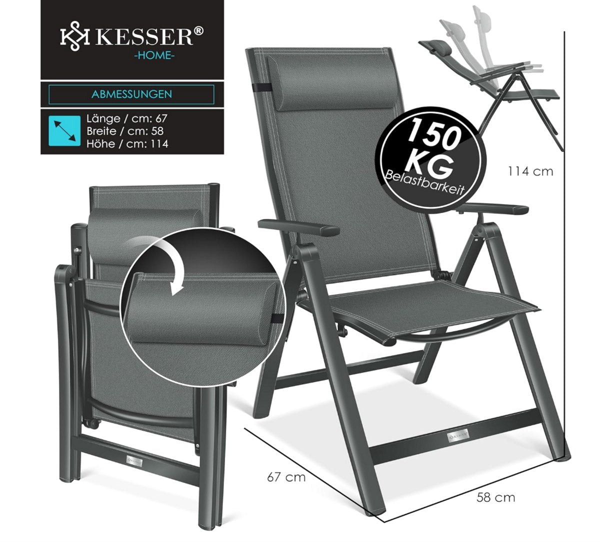 Tuinstoelen verstelbaar - Ligstoel - Set van 2 - Antraciet - KESSER®