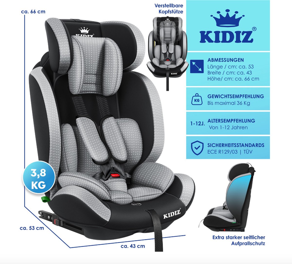 KIDIZ® Autostoeltje - 5-punts veiligheidsgordel - Grijs