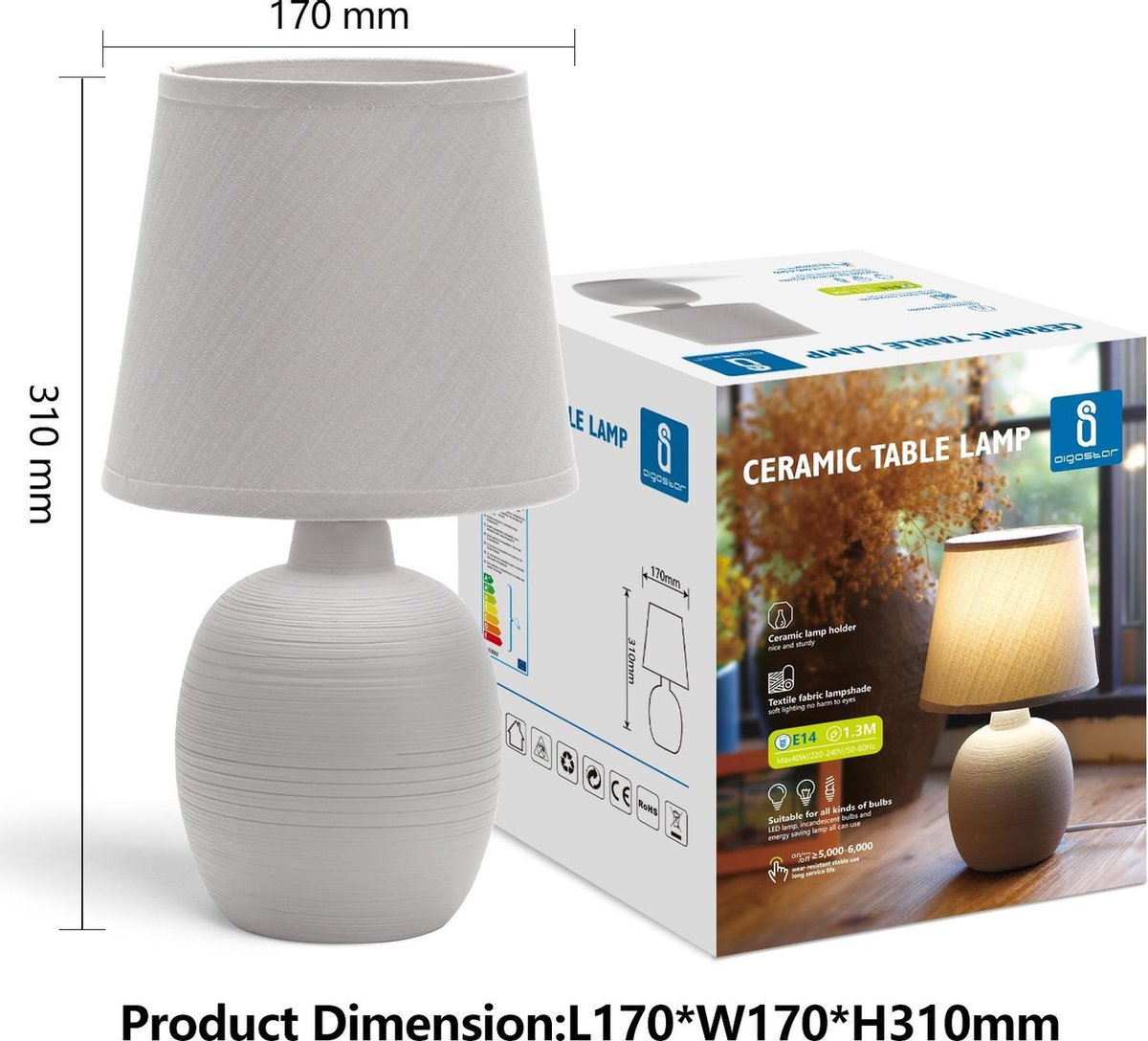 Aigostar Tafellamp 130200PTT - Keramiek - Lamp met witte kap - H31 cm