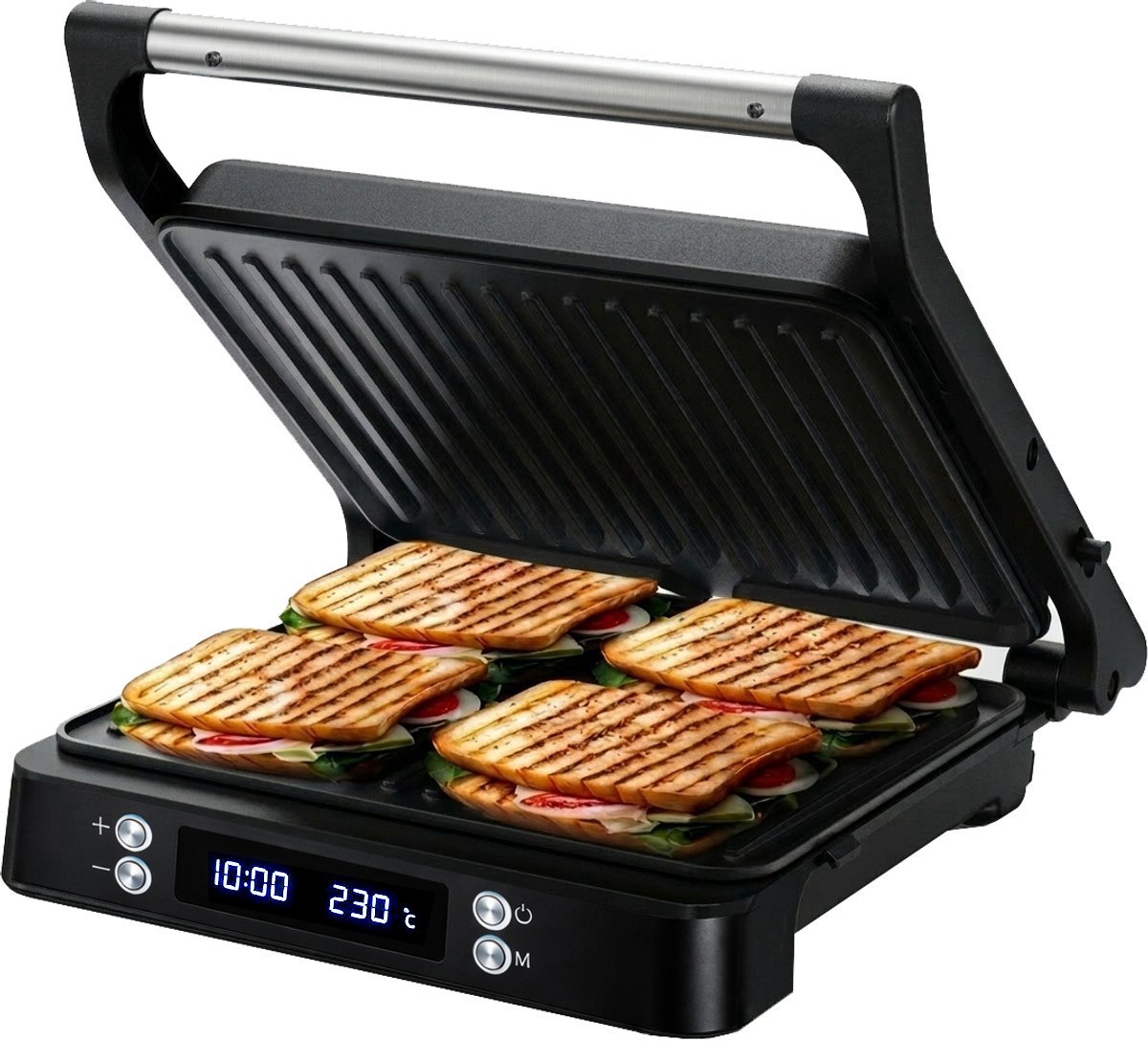 Olvy Tosti Apparaat XL - Panini - Timerfunctie - Temperatuurregeling - Voor 4 Tosti's - Croque Monsieur Toestel - PFAS Vrij - Grill Ijzer - Contactgrill - Apparaten - Uitklapbaar - Zwart