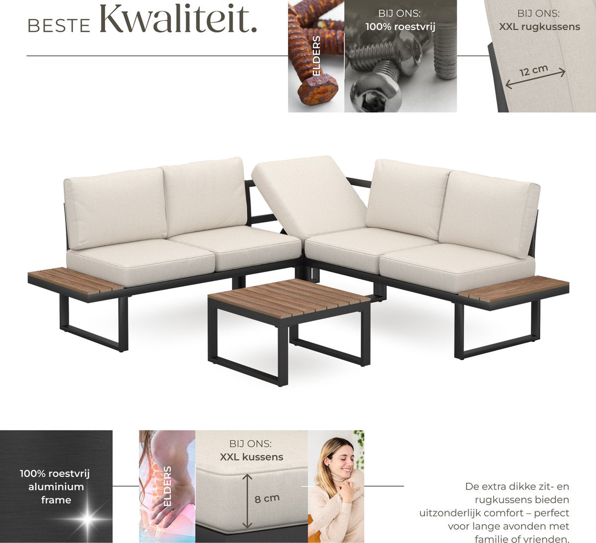 tectake® Tuinset Eilar - 4-Delige Loungeset - Weerbestendige Hoekbank met Aluminium Frame en Houtlook Zijtafeltjes - Tuintafel - Verstelbare Rugleuning - Te Gebruiken als Ligbed - Tuinmeubelset met Kussens - Ideaal voor tuin, balkon en terras