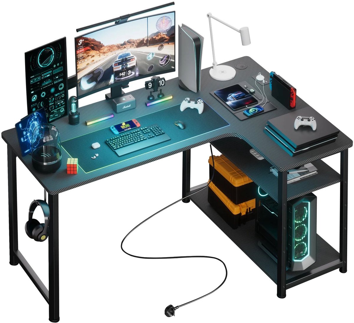 Sattire L-vormig Hoekbureau 120cm – Gaming Tafel met USB-Oplaadpoort & Stopcontact – Ideaal voor Thuisgebruik