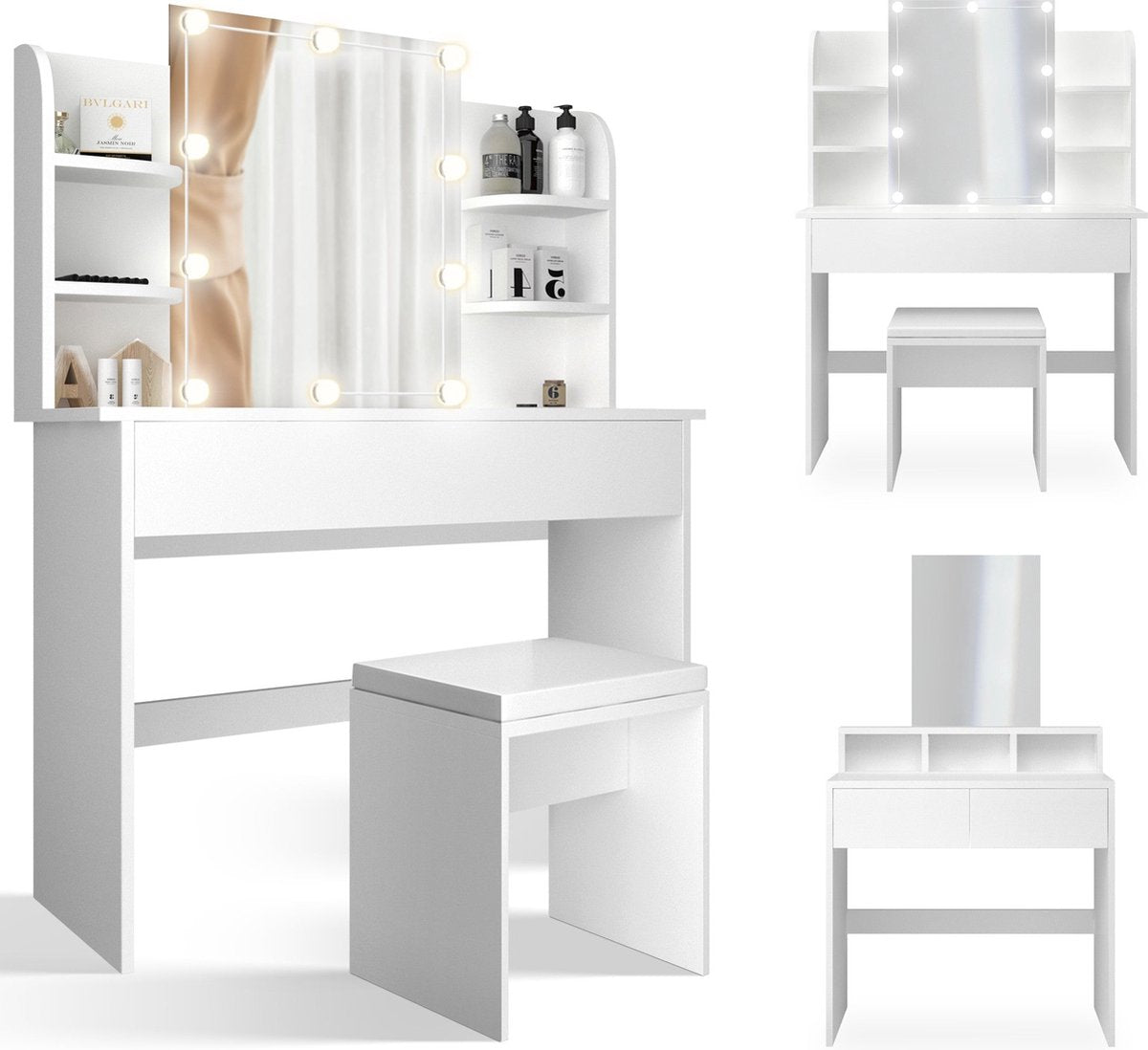 MIADOMODO® kaptafel, verlichting, kruk, spiegel, cosmetica tafel, wit •