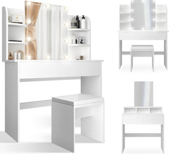 MIADOMODO® kaptafel, verlichting, kruk, spiegel, cosmetica tafel, wit •