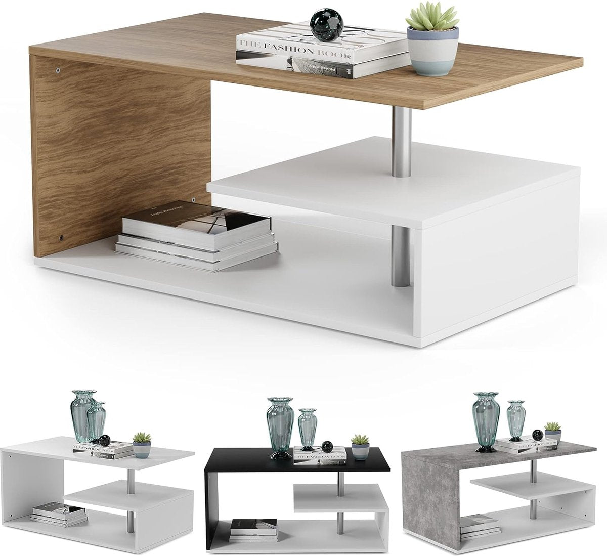 Miadomodo - Salontafel - Eikenlook / Wit - 90x50cm - Met opbergruimte