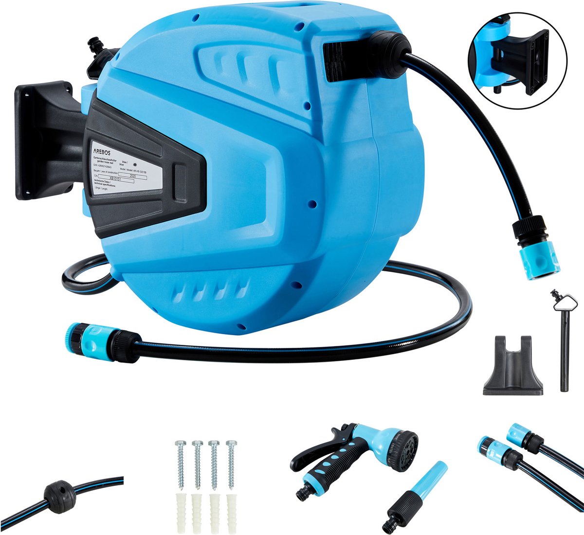 AREBOS Tuinslanghaspel - Tuinslang - Waterslangslang met Snelkoppeling - 20 m - Blauw