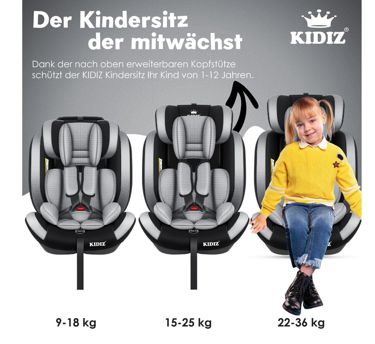 KIDIZ® Autostoeltje - 5-punts veiligheidsgordel - Grijs