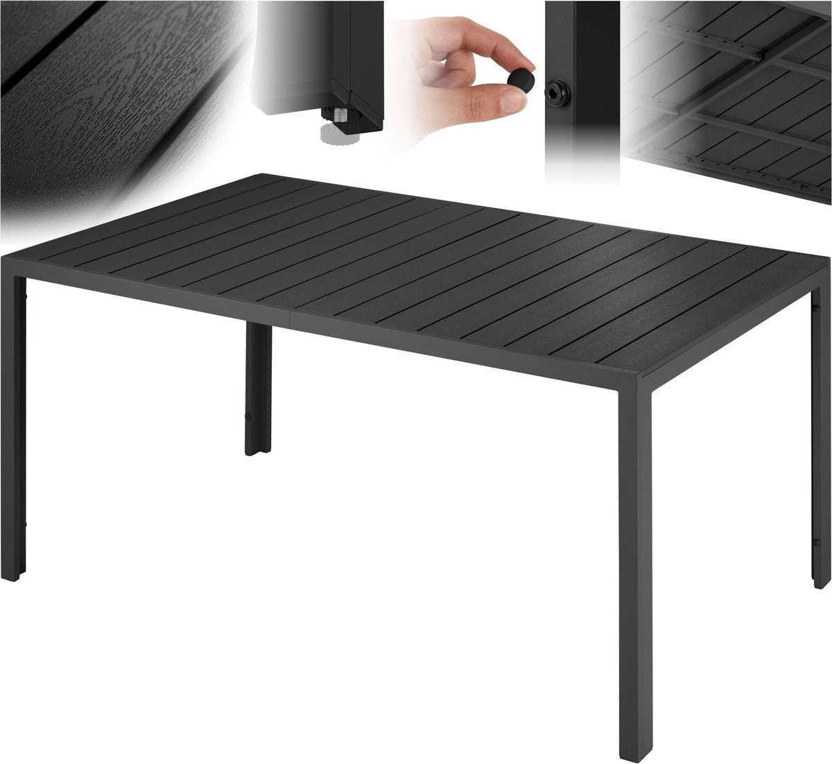 tectake® - Tuintafel 150 x 90 x 74,5 cm - Weerbestendig, eenvoudige montage - Verstelbaar - Aluminium frame met kunststof tafelblad - zwart