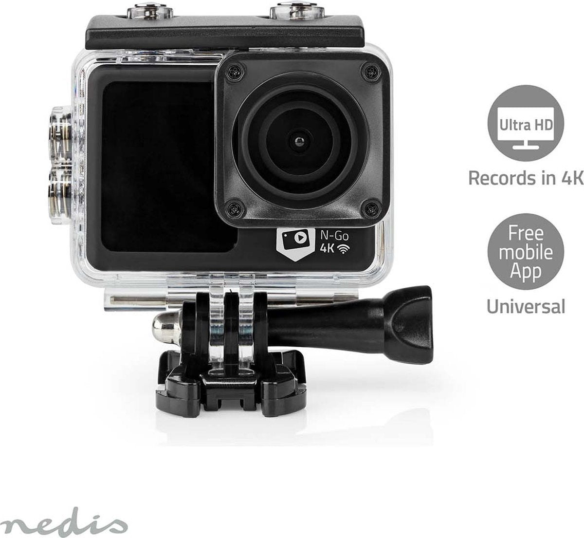 Nedis Action Camera – 4K@30fps – 16 MP – Dual Screen – 30M Waterdicht – WiFi – Inclusief Mounts