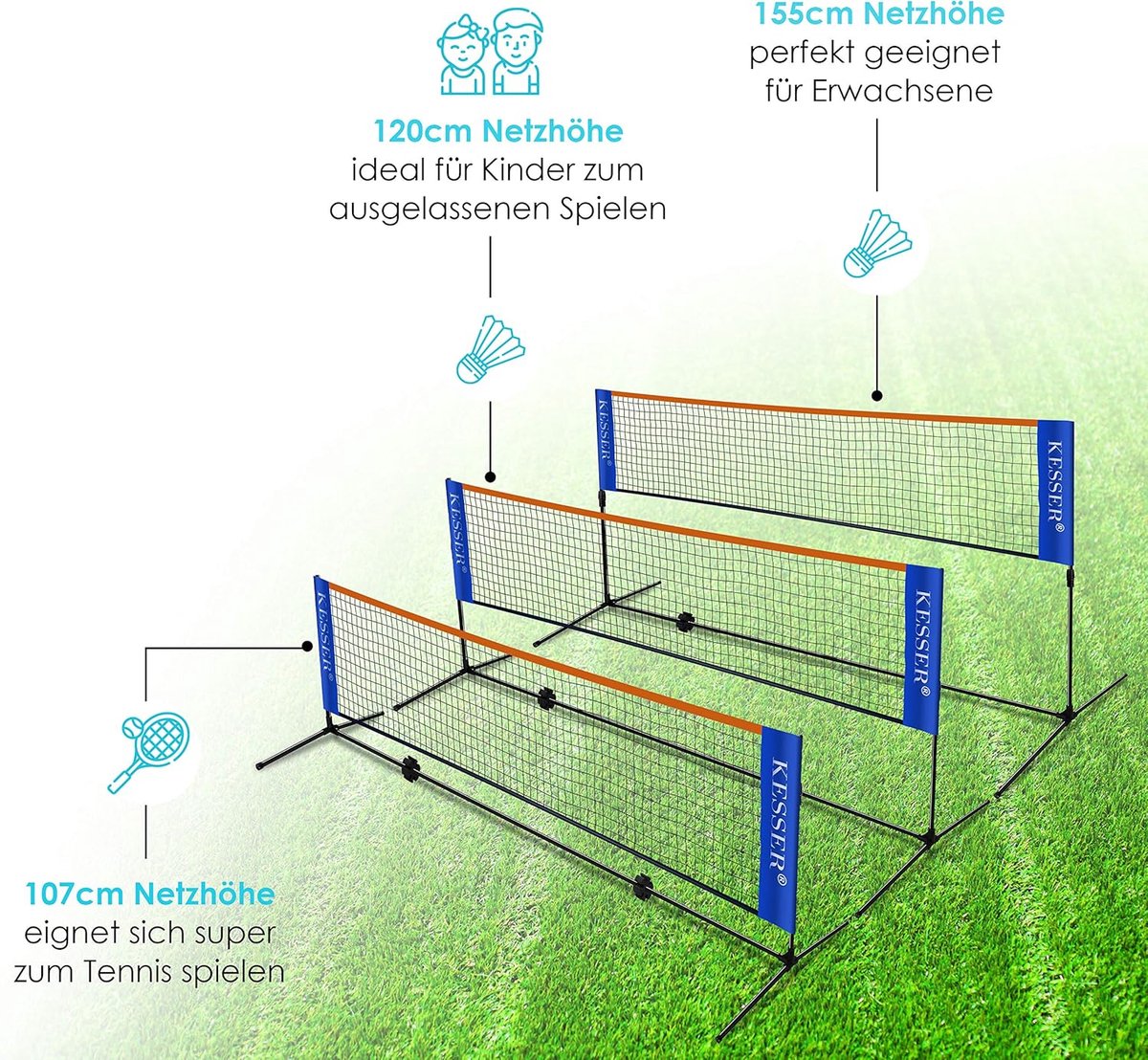 KESSER® badmintonnet, tennisnet - 500 cm - Badmintonnet 3-voudig in hoogte verstelbaar, set bestaande uit net, 3x shuttles, stevig ijzeren frame, transporttas, binnen & buiten