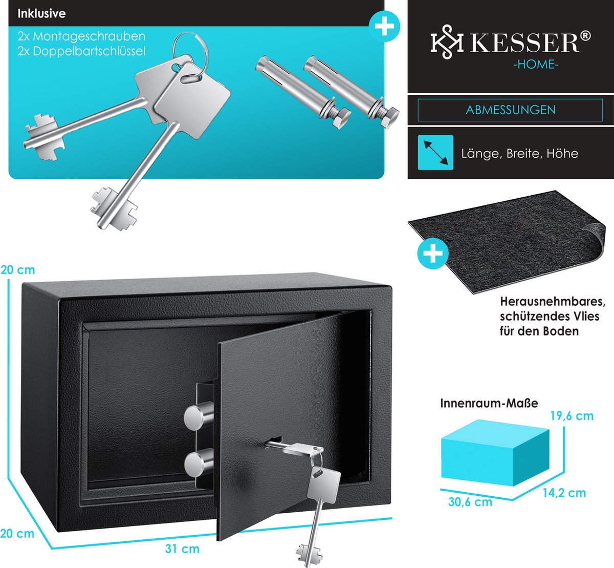 KESSER® Kluis met sleutelslot - 30x20x20cm - Zwart •