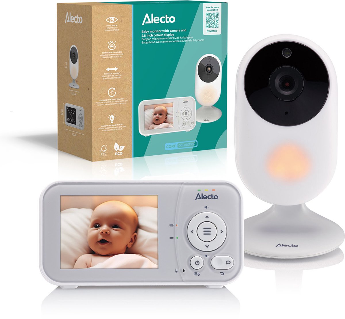 Alecto Babyfoon met Camera - Core Collection - 2,8 inch Scherm - Uitbreidbaar tot 2 camera's - Nachtlampje - DVM2028 - Wit •