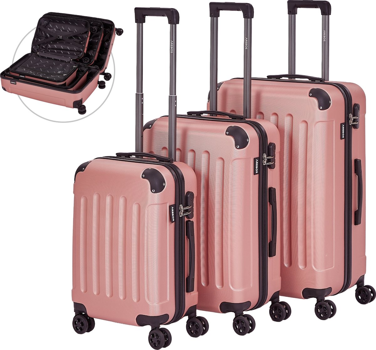 AREBOS Kofferset - Kofferset 3 delig - Reiskoffer set - 360° zwenkbare wielen - M-L-XL - Rosé Goud