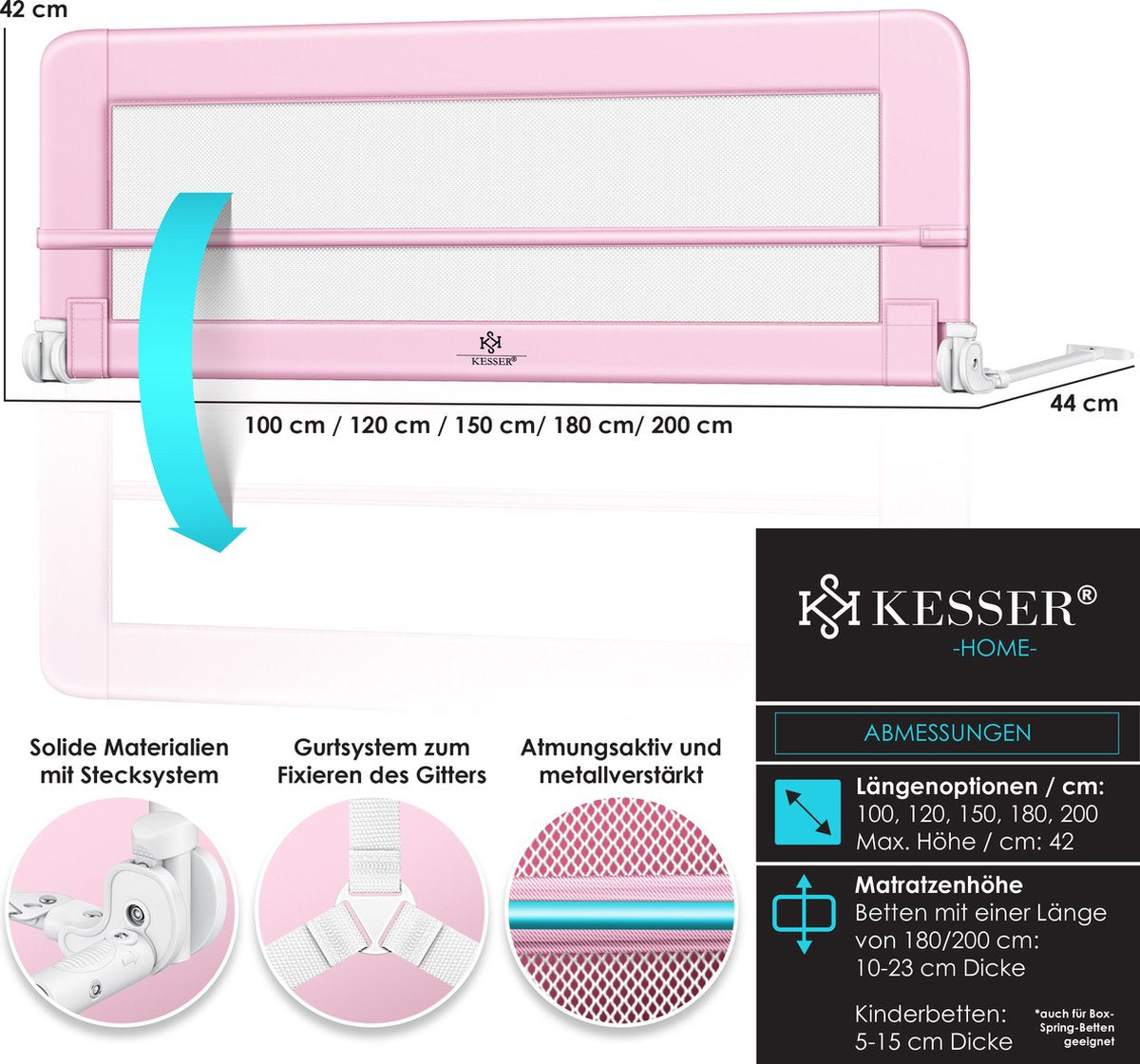 KESSER® bedhekje - Kinderbedhek - Bedhek - Babybedhek Valbeveiligingsbed voor Bed & boxspring - 200 cm, Roze