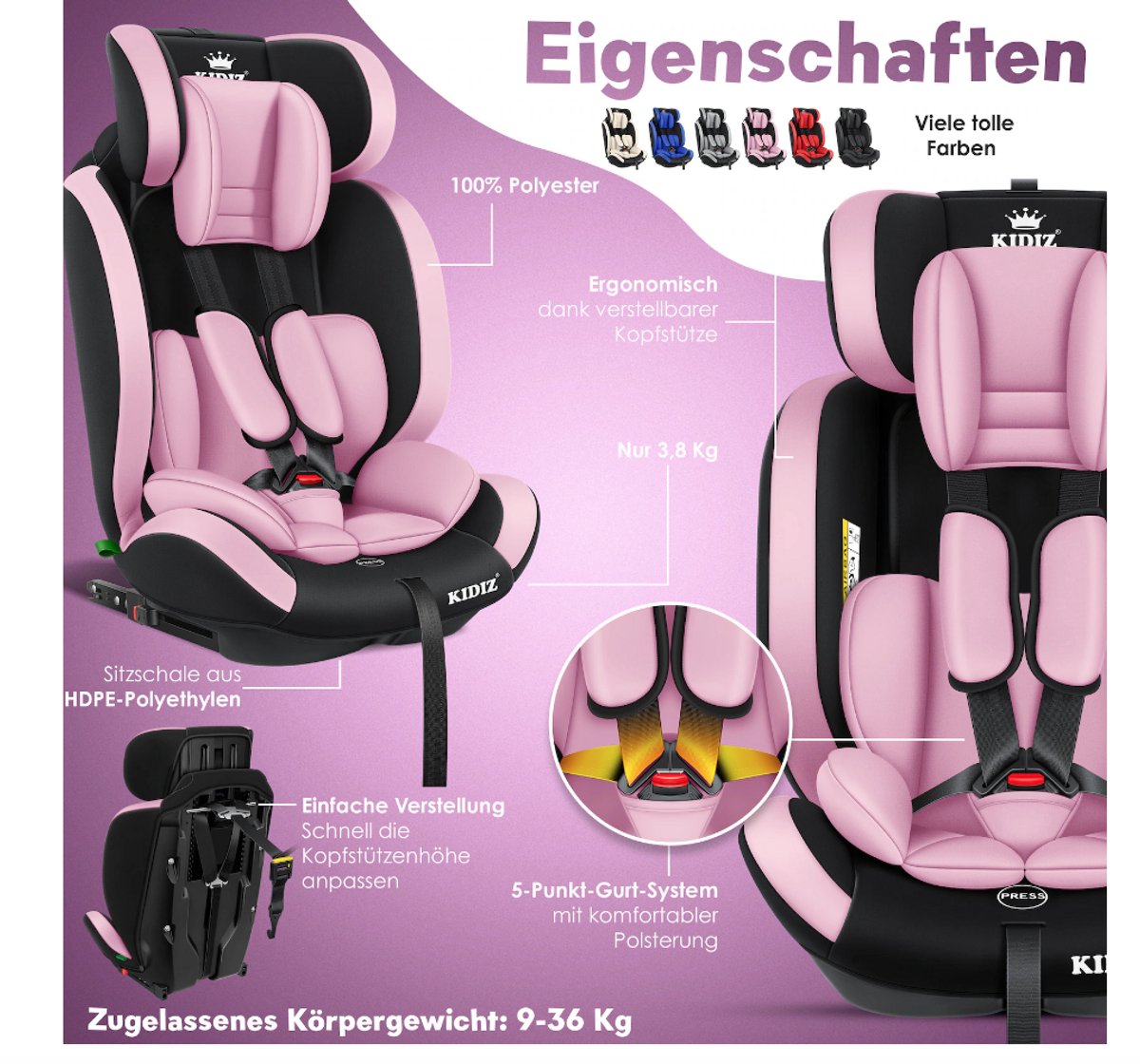 KIDIZ® Autostoeltje - 5-punts veiligheidsgordel - Roze