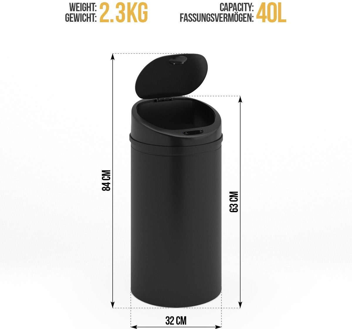 Jago Prullenbak met Sensor - Afvalbak - Vuilnisbak - RVS - LED-Display - 40 Liter - Zwart