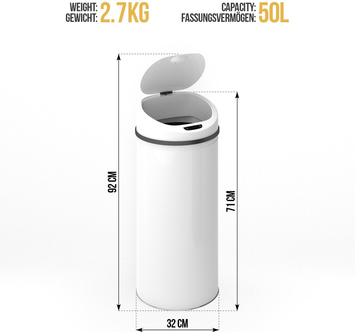 Jago- Vuilnisbak / Afvalbak met sensor - 50L - RVS - waterdicht met klemring - automatische prullenbak - Wit