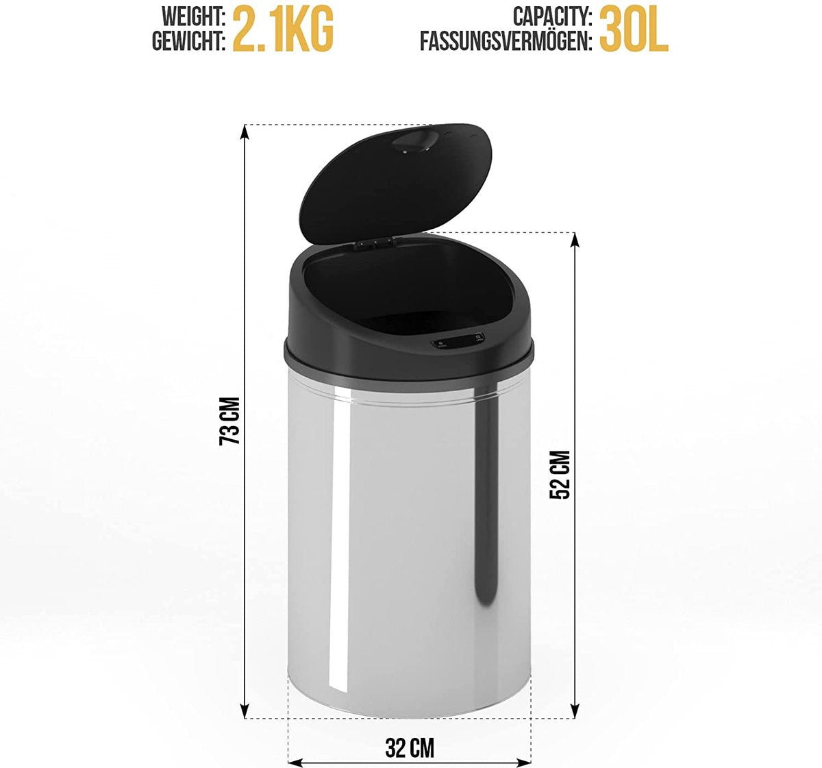 Vuilnisbak / Afvalbak met sensor - 30L - RVS - waterproof - rond met klemring - Zilver