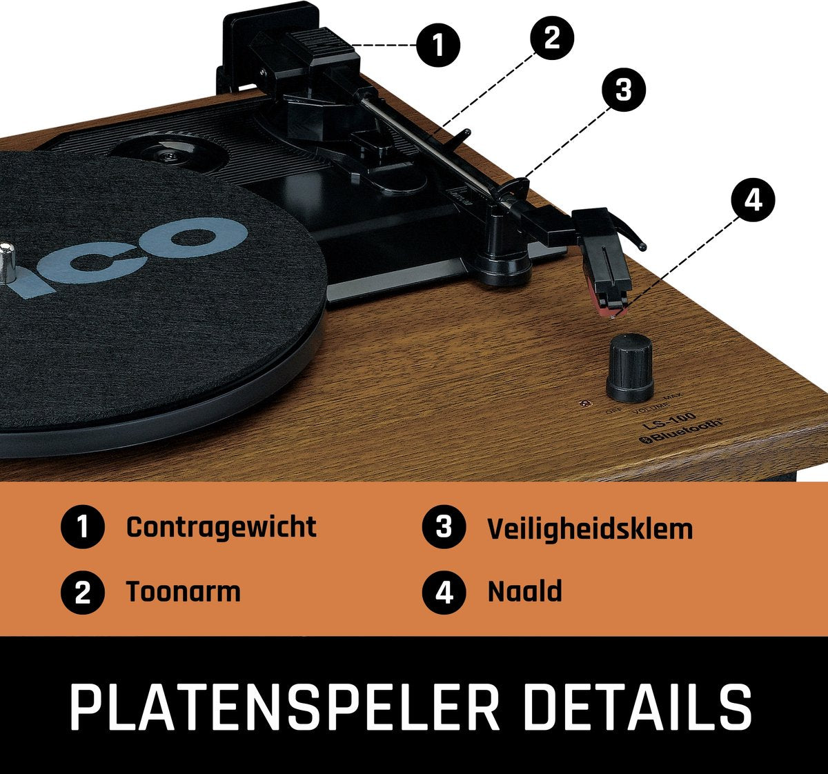 Lenco Platenspeler met Bluetooth - Twee externe Speakers - Auto-stop - LS-100WD -Hout •