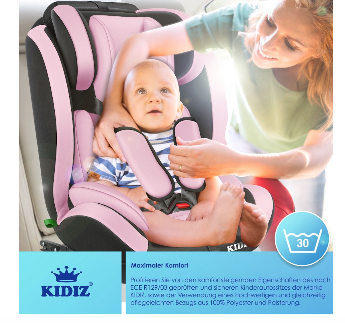 KIDIZ® Autostoeltje - 5-punts veiligheidsgordel - Roze