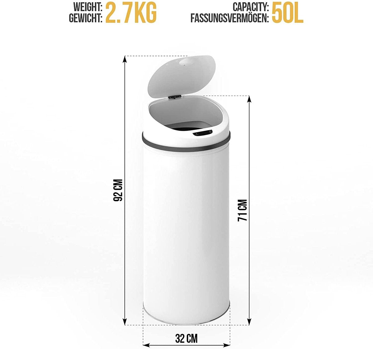 Jago- Vuilnisbak / Afvalbak met sensor - 50L - RVS - waterdicht met klemring - automatische prullenbak - Wit