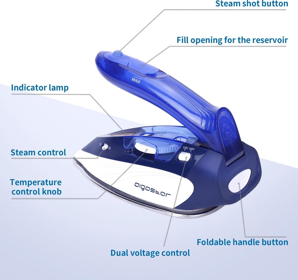 Aigostar Stoomstrijkijzer  Reisstrijkijzer - Inklapbaar - 1100W - Paars/Wit