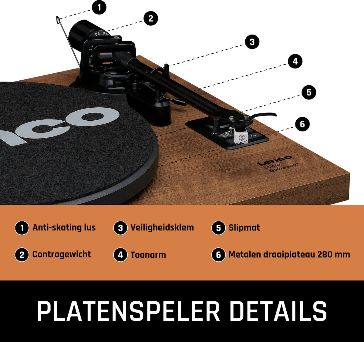 Lenco Platenspeler met Bluetooth - Twee externe Speakers - Ingebouwde Versterker - LS-480WD - Hout