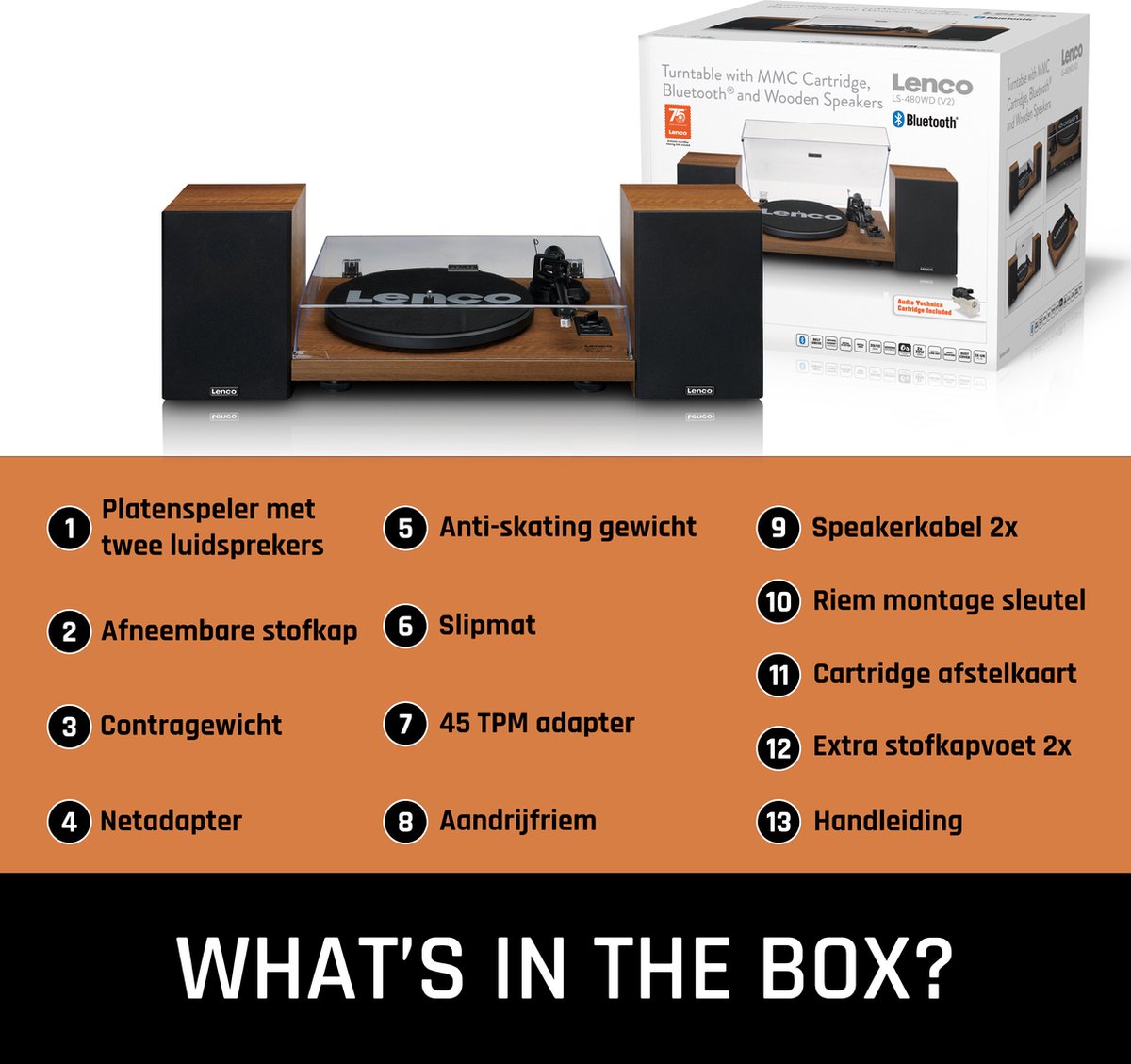 Lenco Platenspeler met Bluetooth - Twee externe Speakers - Ingebouwde Versterker - LS-480WD - Hout