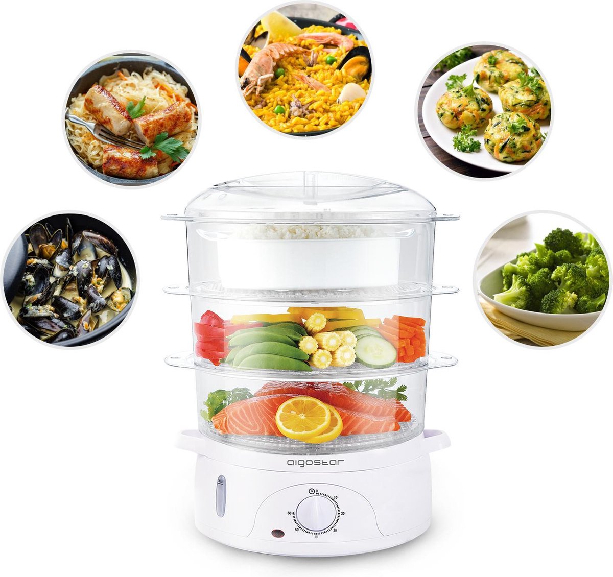 Aigostar Stoomkoker - 9L - 800W - 3 Lagen - Wit