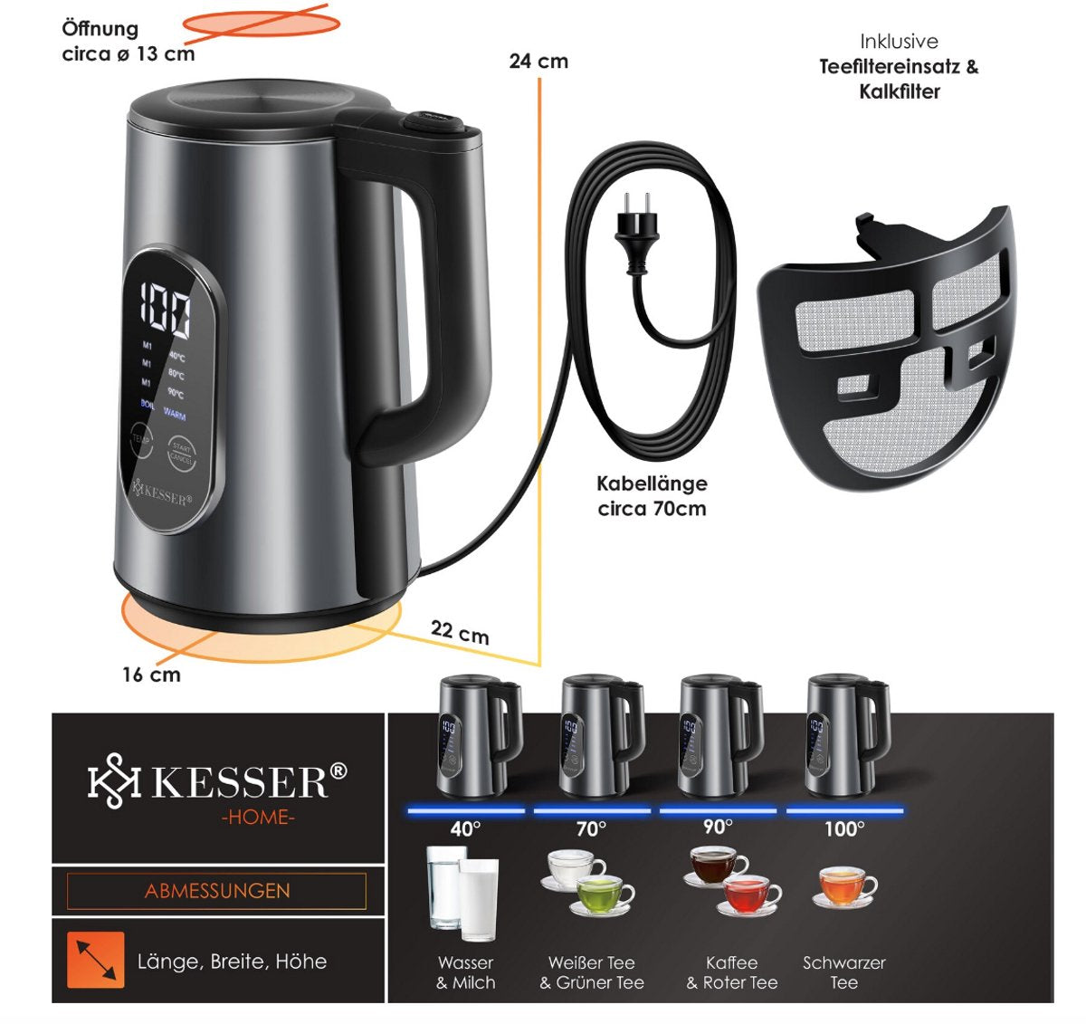 Waterkoker met temperatuurregeling - RVS - met LED - 1.7L - 2200W - Antraciet