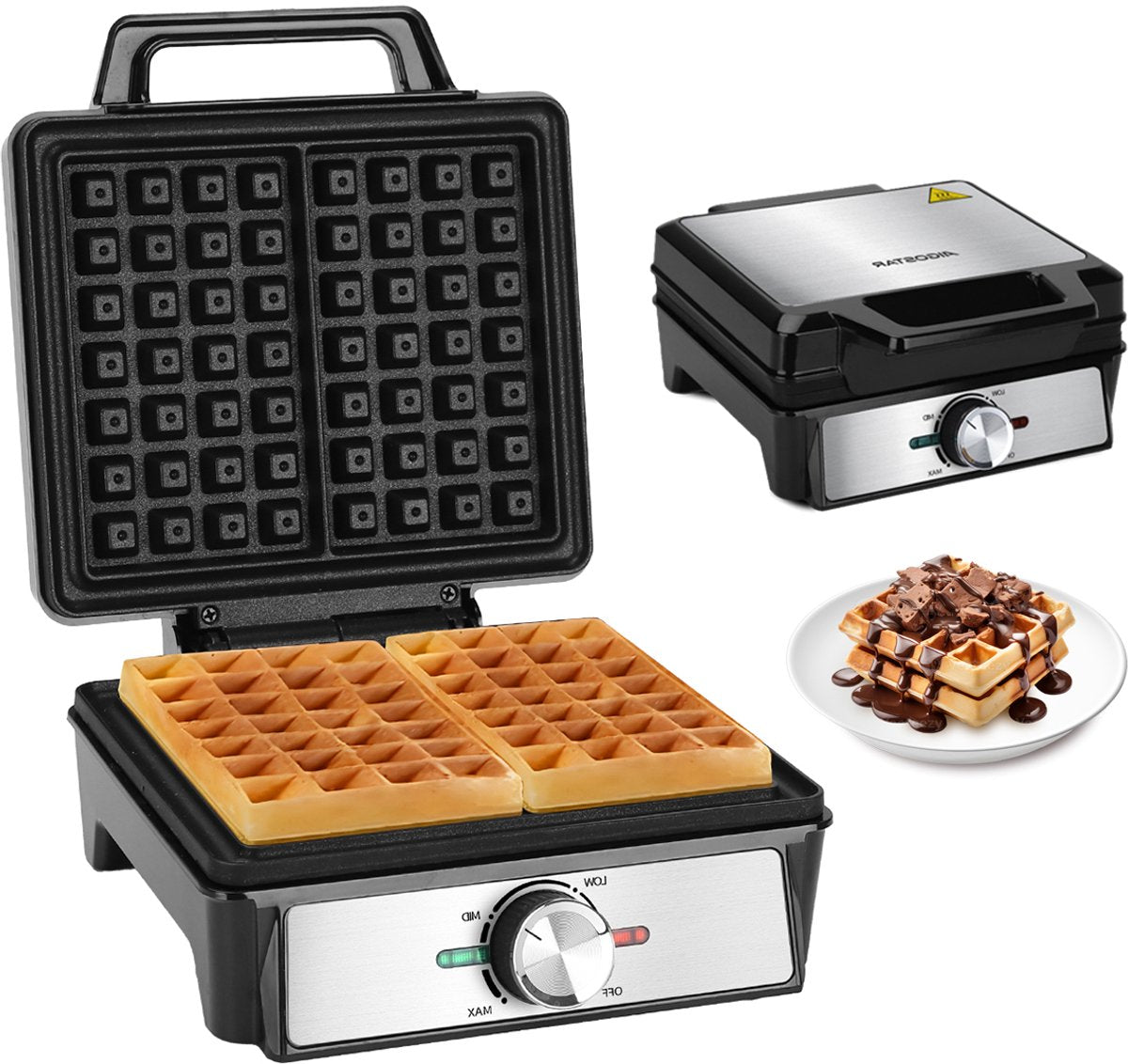 Aigostar Savory - Wafelijzer - 2 Belgische wafels - 4x7 - Regelbare thermostaat - Anti aanbaklaag - RVS - 20 x 17 cm - 1600W - Zwart •