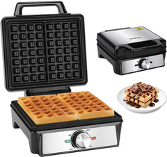 Aigostar Savory - Wafelijzer - 2 Belgische wafels - 4x7 - Regelbare thermostaat - Anti aanbaklaag - RVS - 20 x 17 cm - 1600W - Zwart •